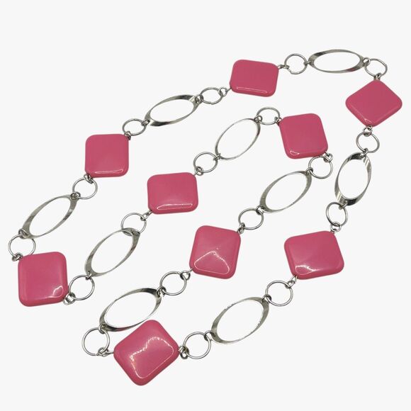 Chunky Pink Acrylic Necklace Silver Tone Rings Square Bead Retro Mod Geometric - Picture 3 of 5